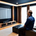 A professional male audio engineer, dressed in a modest business casual shirt and trousers, standing in a sophisticated, acoustically treated home theater room. He is positioned near the optimal listening 'sweet spot', observing the precise placement of a pair of elegant floor-standing main speakers and a sleek center channel speaker. The room features subtle acoustic panels on the walls and warm, indirect lighting. The scene conveys expertise and careful attention to detail in sound setup. Professional photography, high-resolution, perfect anatomy, correct proportions, natural pose, well-formed hands, proper finger count, natural body proportions, safe for work, appropriate content, fully clothed, professional.