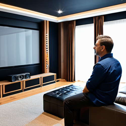 A professional male audio engineer, dressed in a modest business casual shirt and trousers, standing in a sophisticated, acoustically treated home theater room. He is positioned near the optimal listening 'sweet spot', observing the precise placement of a pair of elegant floor-standing main speakers and a sleek center channel speaker. The room features subtle acoustic panels on the walls and warm, indirect lighting. The scene conveys expertise and careful attention to detail in sound setup. Professional photography, high-resolution, perfect anatomy, correct proportions, natural pose, well-formed hands, proper finger count, natural body proportions, safe for work, appropriate content, fully clothed, professional.