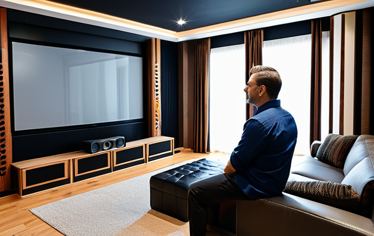 A professional male audio engineer, dressed in a modest business casual shirt and trousers, standing in a sophisticated, acoustically treated home theater room. He is positioned near the optimal listening 'sweet spot', observing the precise placement of a pair of elegant floor-standing main speakers and a sleek center channel speaker. The room features subtle acoustic panels on the walls and warm, indirect lighting. The scene conveys expertise and careful attention to detail in sound setup. Professional photography, high-resolution, perfect anatomy, correct proportions, natural pose, well-formed hands, proper finger count, natural body proportions, safe for work, appropriate content, fully clothed, professional.